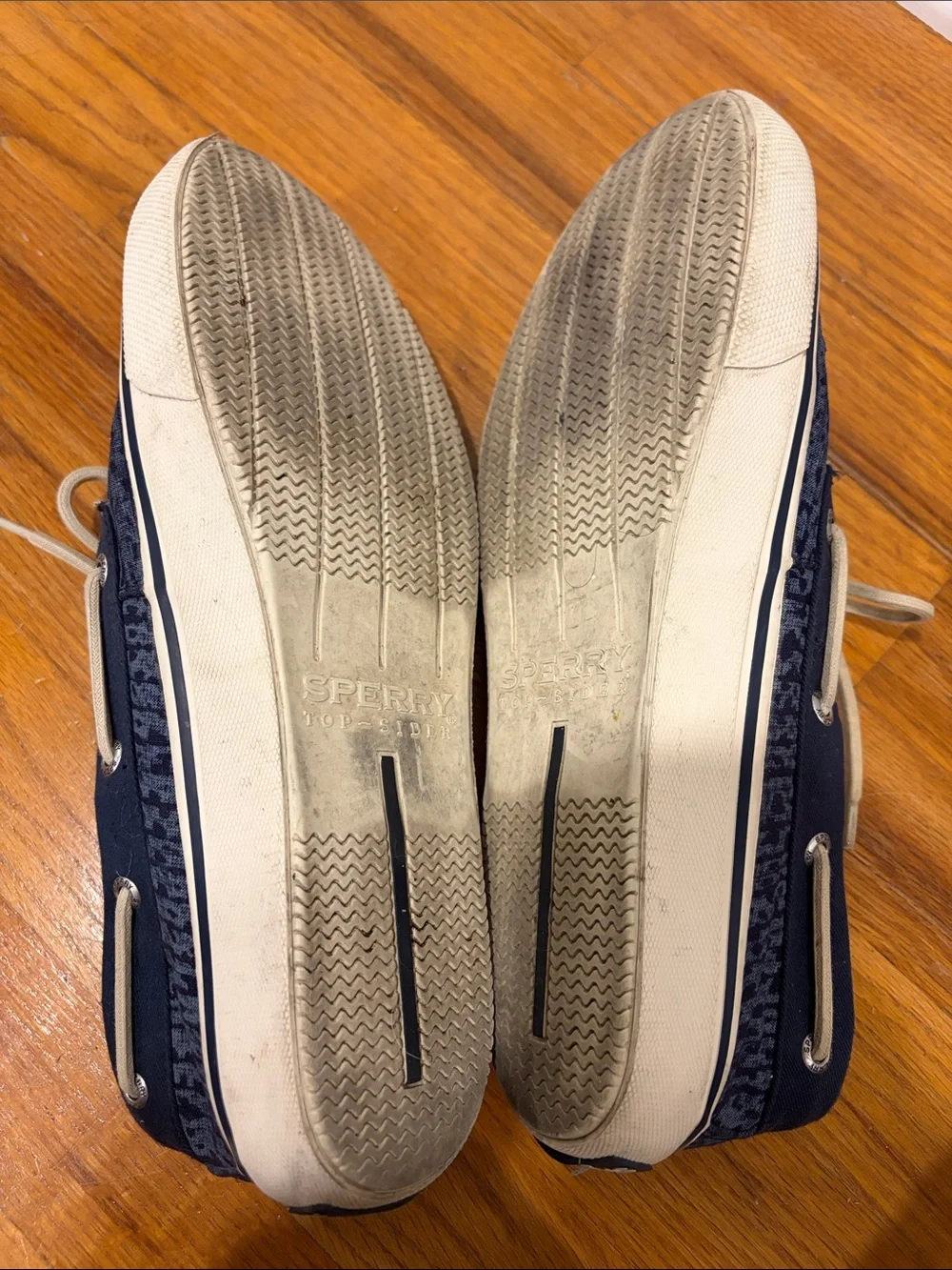 Sperry Navy Patterned Canvas Boat Shoes with Cream Laces